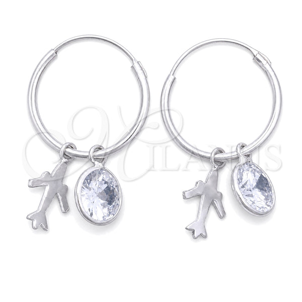 Sterling Silver Hoop Earrings — Small Hoop Airplane Design with White Cubic Zirconia — main product view — SKU 149472 | Plata 925 aretes de aro — Small Hoop Airplane diseño with blanco Cubic Zirconia — SKU 149472