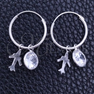 Sterling Silver Hoop Earrings — Small Hoop Airplane Design with White Cubic Zirconia — main product view — SKU 149472 | Plata 925 aretes de aro — Small Hoop Airplane diseño with blanco Cubic Zirconia — SKU 149472