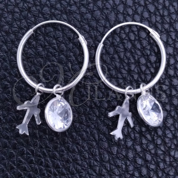 Sterling Silver Hoop Earrings — Small Hoop Airplane Design with White Cubic Zirconia — main product view — SKU 149472 | Plata 925 aretes de aro — Small Hoop Airplane diseño with blanco Cubic Zirconia — SKU 149472