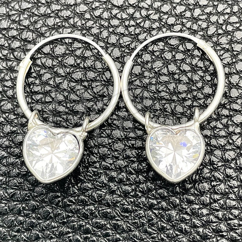 Sterling Silver Small Hoop, Heart Design, with White Cubic Zirconia, Polished, Silver Finish, 02.402.0039.15