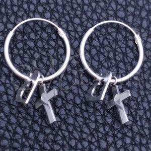 Sterling Silver Hoop Earrings — Small Hoop Cross and Heart Design Polished 02. — main product view — SKU 149480 | Plata 925 aretes de aro — Small Hoop cruz and corazón diseño pulido 02. — SKU 149480
