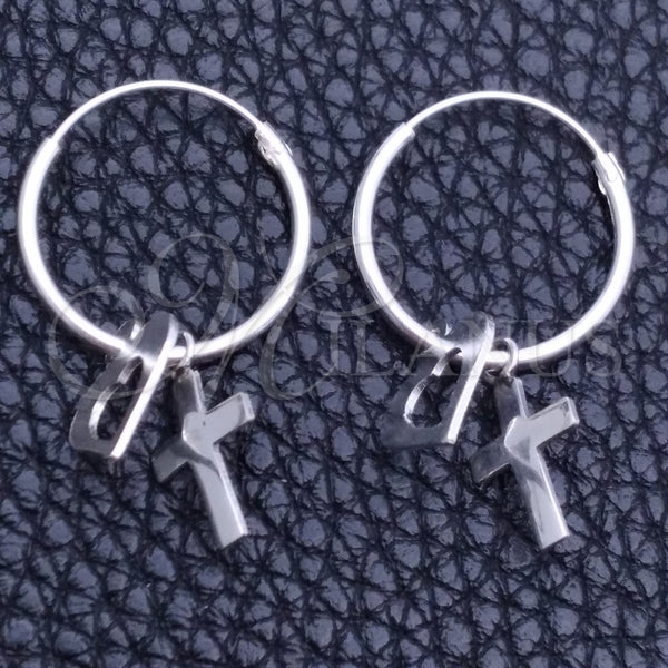 Sterling Silver Hoop Earrings — Small Hoop Cross and Heart Design Polished 02. — main product view — SKU 149480 | Plata 925 aretes de aro — Small Hoop cruz and corazón diseño pulido 02. — SKU 149480