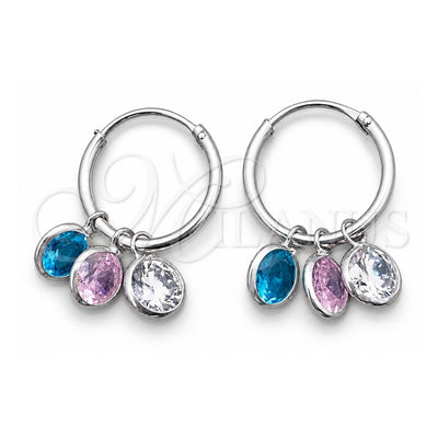 Sterling Silver Small Hoop, Ball Design, with Pink and Aqua Blue Cubic Zirconia, Polished, Silver Finish, 02.402.0043.15