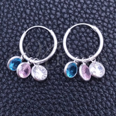 Sterling Silver Small Hoop, Ball Design, with Pink and Aqua Blue Cubic Zirconia, Polished, Silver Finish, 02.402.0043.15
