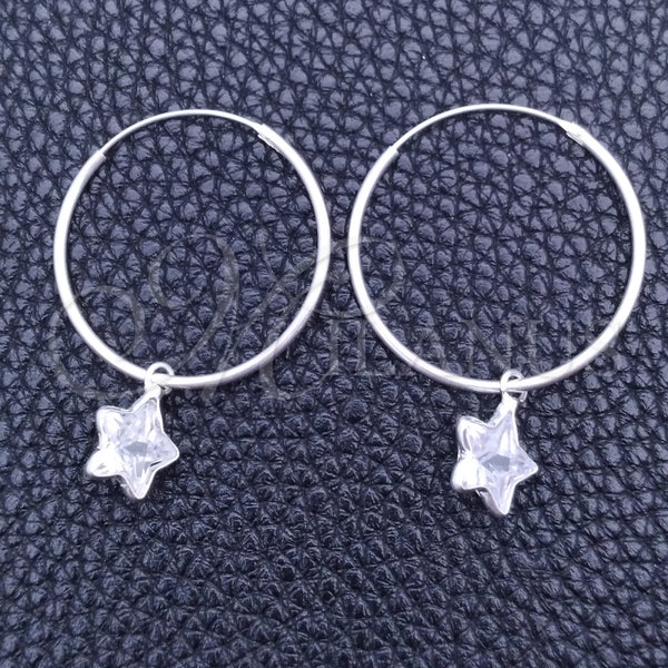 Sterling Silver Hoop Earrings — Small Hoop Star Design with White Cubic Zirconia — main product view — SKU 149483 | Plata 925 aretes de aro — Small Hoop estrella diseño with blanco Cubic Zirconia — SKU 149483