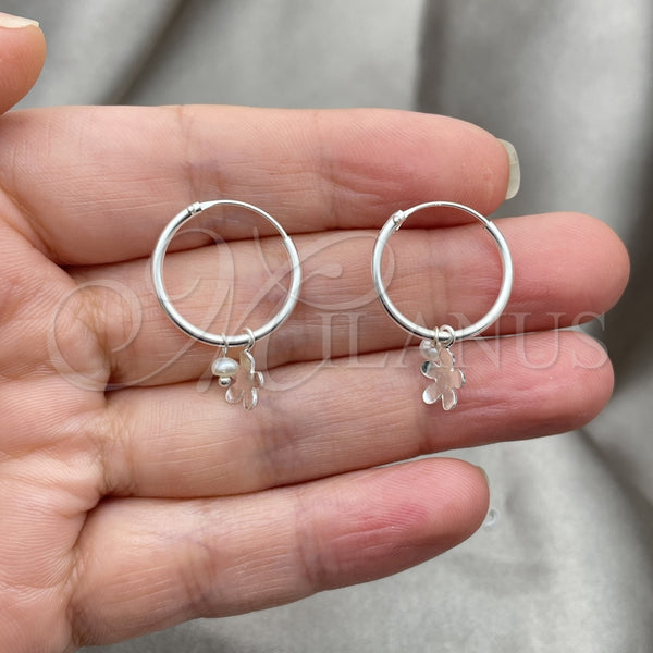 Sterling Silver Hoop Earrings — Small Hoop Flower Design with Ivory Pearl Polished — alternate product view — SKU 149489 | Plata 925 aretes de aro — Small Hoop flor diseño with Ivory Pearl pulido — SKU 149489