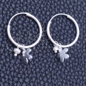 Sterling Silver Hoop Earrings — Small Hoop Flower Design with Ivory Pearl Polished — main product view — SKU 149489 | Plata 925 aretes de aro — Small Hoop flor diseño with Ivory Pearl pulido — SKU 149489