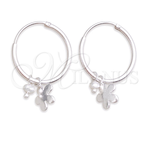 Sterling Silver Small Hoop, Flower Design, with Ivory Pearl, Polished, Silver Finish, 02.402.0051.15