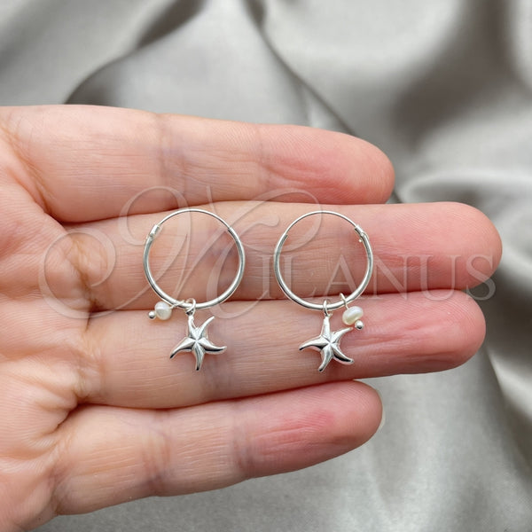 Sterling Silver Hoop Earrings — Small Hoop Flower Design with Ivory Pearl Polished — alternate product view — SKU 149490 | Plata 925 aretes de aro — Small Hoop flor diseño with Ivory Pearl pulido — SKU 149490