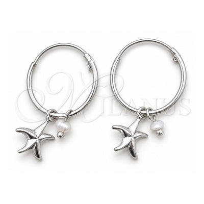 Sterling Silver Small Hoop, Flower Design, with Ivory Pearl, Polished, Silver Finish, 02.402.0052.15