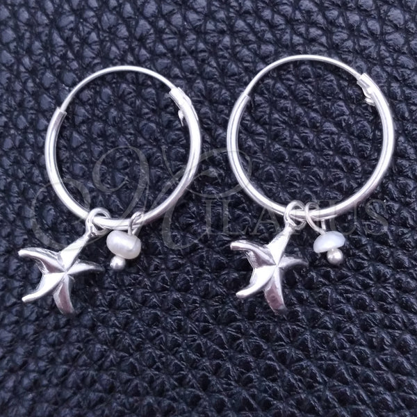 Sterling Silver Hoop Earrings — Small Hoop Flower Design with Ivory Pearl Polished — main product view — SKU 149490 | Plata 925 aretes de aro — Small Hoop flor diseño with Ivory Pearl pulido — SKU 149490