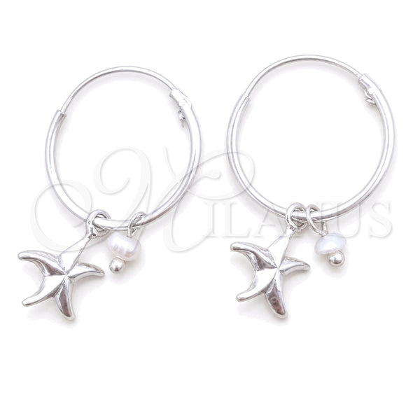 Sterling Silver Small Hoop, Flower Design, with Ivory Pearl, Polished, Silver Finish, 02.402.0052.15