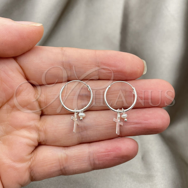 Sterling Silver Hoop Earrings — Small Hoop Cross Design with Ivory Pearl Polished — alternate product view — SKU 149491 | Plata 925 aretes de aro — Small Hoop cruz diseño with Ivory Pearl pulido — SKU 149491