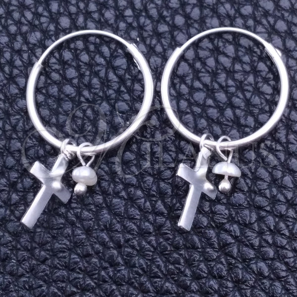 Sterling Silver Hoop Earrings — Small Hoop Cross Design with Ivory Pearl Polished — main product view — SKU 149491 | Plata 925 aretes de aro — Small Hoop cruz diseño with Ivory Pearl pulido — SKU 149491