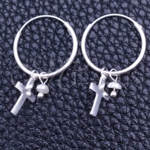 Sterling Silver Small Hoop, Cross Design, with Ivory Pearl, Polished, Silver Finish, 02.402.0053.15