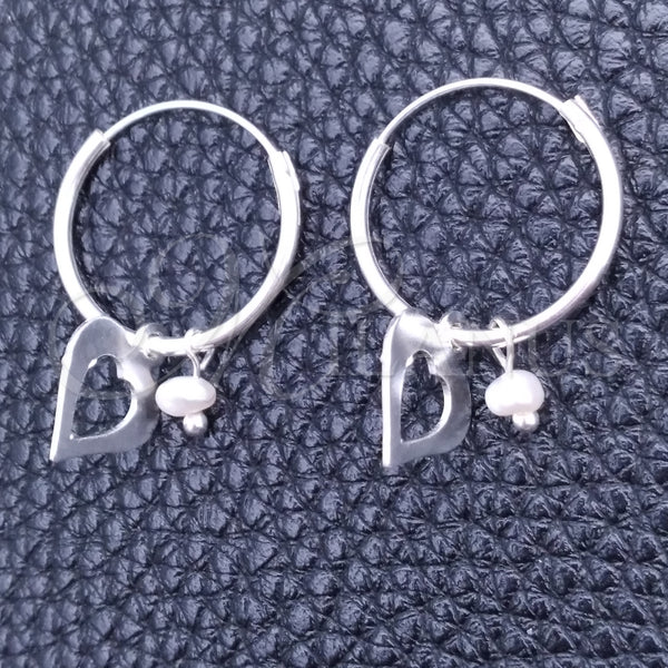 Sterling Silver Hoop Earrings — Small Hoop Heart Design with Ivory Pearl Polished — main product view — SKU 149492 | Plata 925 aretes de aro — Small Hoop corazón diseño with Ivory Pearl pulido — SKU 149492