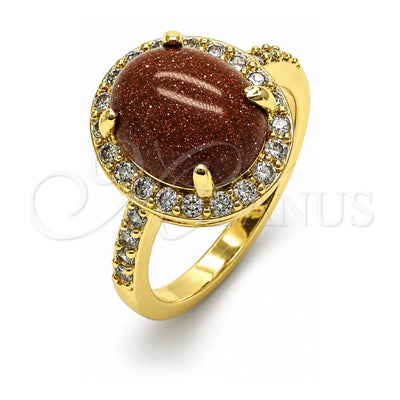 Oro Laminado Multi Stone Ring, Gold Filled Style with Brown Goldstone Venturina and White Micro Pave, Polished, Golden Finish, 01.284.0071.07 (Size 7)