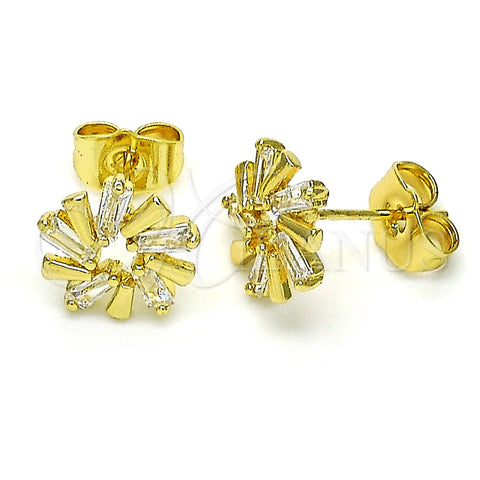 Oro Laminado Stud Earring, Gold Filled Style Baguette Design, with White Cubic Zirconia, Polished, Golden Finish, 02.210.0746