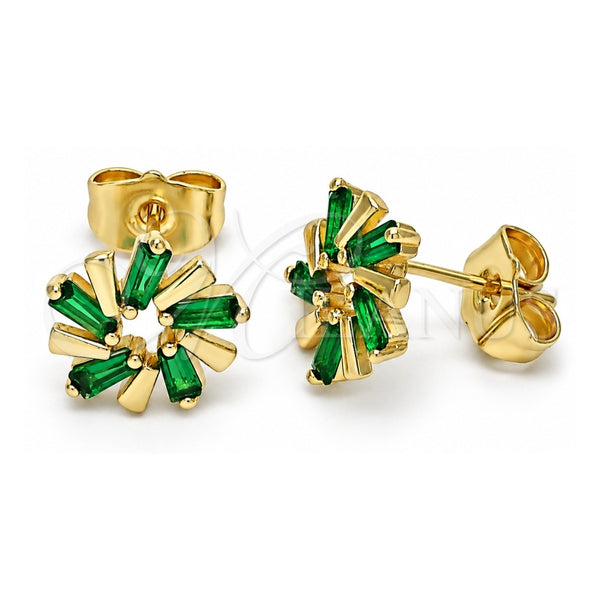 Oro Laminado Stud Earring, Gold Filled Style Baguette Design, with Green Cubic Zirconia, Polished, Golden Finish, 02.210.0746.1