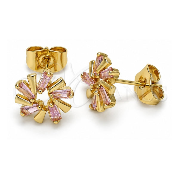 Oro Laminado Stud Earring, Gold Filled Style Baguette Design, with Pink Cubic Zirconia, Polished, Golden Finish, 02.210.0746.2
