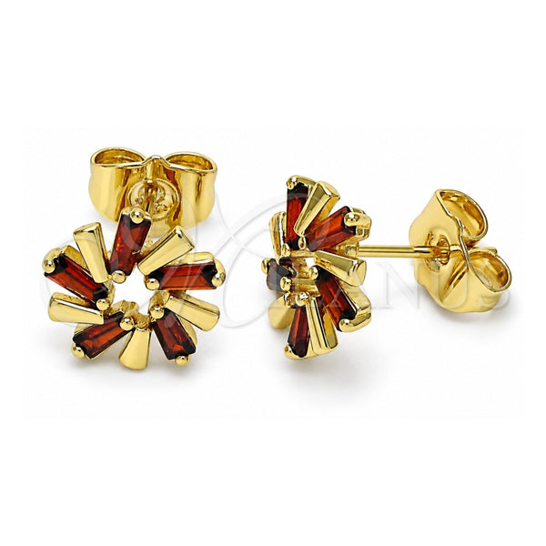 Oro Laminado Stud Earring, Gold Filled Style Baguette Design, with Garnet Cubic Zirconia, Polished, Golden Finish, 02.210.0746.3