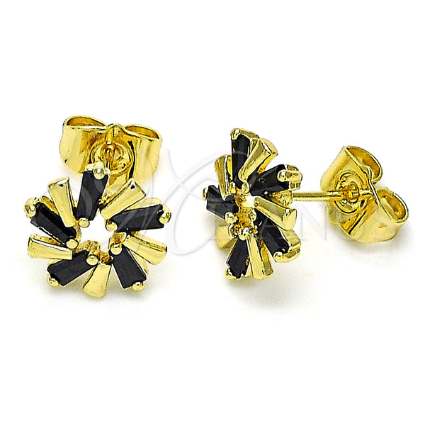 Oro Laminado Stud Earring, Gold Filled Style Baguette Design, with Black Cubic Zirconia, Polished, Golden Finish, 02.210.0746.4