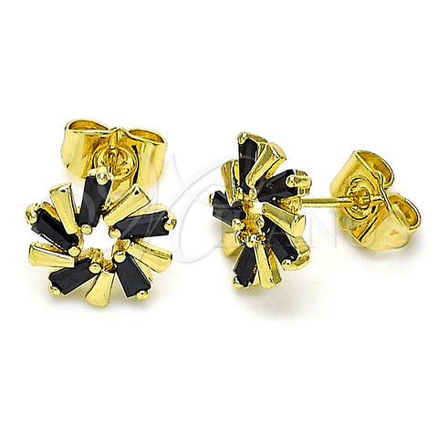 Oro Laminado Stud Earring, Gold Filled Style Baguette Design, with Black Cubic Zirconia, Polished, Golden Finish, 02.210.0746.4