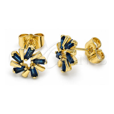 Oro Laminado Stud Earring, Gold Filled Style Baguette Design, with Sapphire Blue Cubic Zirconia, Polished, Golden Finish, 02.210.0746.5