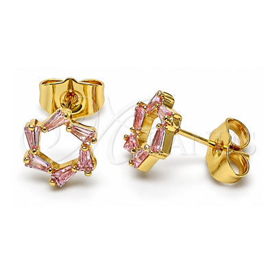 Oro Laminado Stud Earring, Gold Filled Style Baguette Design, with Pink Cubic Zirconia, Polished, Golden Finish, 02.210.0747.1