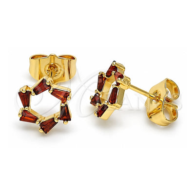 Oro Laminado Stud Earring, Gold Filled Style Baguette Design, with Garnet Cubic Zirconia, Polished, Golden Finish, 02.210.0747.2