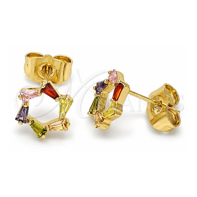 Oro Laminado Stud Earring, Gold Filled Style Baguette Design, with Multicolor Cubic Zirconia, Polished, Golden Finish, 02.210.0747.5