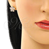 Oro Laminado Stud Earring, Gold Filled Style Flower and Baguette Design, with Pink and White Cubic Zirconia, Polished, Golden Finish, 02.210.0250.4