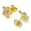 Oro Laminado Stud Earring, Gold Filled Style Flower and Baguette Design, with Pink and White Cubic Zirconia, Polished, Golden Finish, 02.210.0250.4
