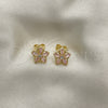 Oro Laminado Stud Earring, Gold Filled Style Flower and Baguette Design, with Pink and White Cubic Zirconia, Polished, Golden Finish, 02.210.0250.4