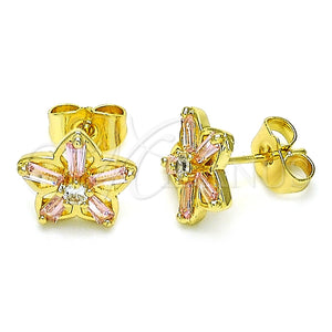 Gold Filled Ring — Stud Earring Flower and Baguette Design with Pink — main product view — SKU 149536 | Oro Laminado anillo — Stud Earring flor and Baguette diseño with Pink — SKU 149536