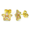 Oro Laminado Stud Earring, Gold Filled Style Flower and Baguette Design, with Pink and White Cubic Zirconia, Polished, Golden Finish, 02.210.0250.4
