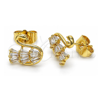 Oro Laminado Stud Earring, Gold Filled Style Swan and Baguette Design, with White Cubic Zirconia, Polished, Golden Finish, 02.210.0748