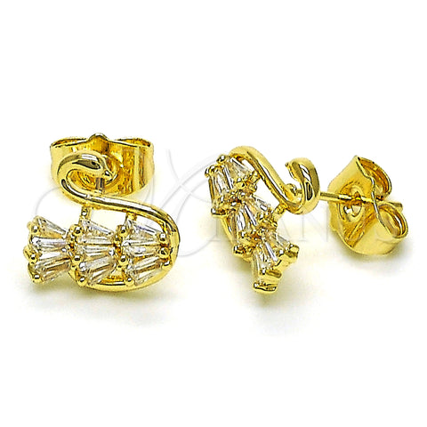 Oro Laminado Stud Earring, Gold Filled Style Swan and Baguette Design, with White Cubic Zirconia, Polished, Golden Finish, 02.210.0748