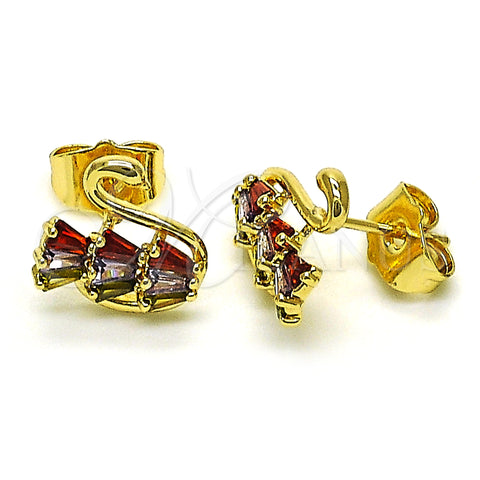 Oro Laminado Stud Earring, Gold Filled Style Swan and Baguette Design, with Multicolor Cubic Zirconia, Polished, Golden Finish, 02.210.0748.1