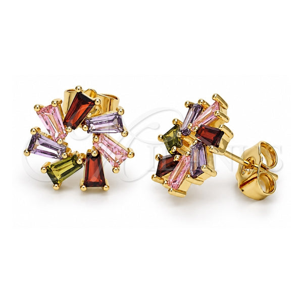 Oro Laminado Stud Earring, Gold Filled Style Baguette Design, with Multicolor Cubic Zirconia, Polished, Golden Finish, 02.210.0749.6