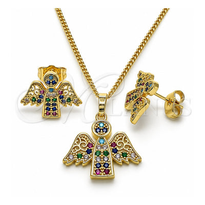 Oro Laminado Earring and Pendant Adult Set, Gold Filled Style Angel Design, with Multicolor Cubic Zirconia, Polished, Golden Finish, 10.284.0028.1