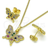 Oro Laminado Earring and Pendant Adult Set, Gold Filled Style Butterfly Design, with Multicolor Cubic Zirconia, Polished, Golden Finish, 10.284.0029