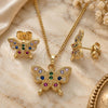 Oro Laminado Earring and Pendant Adult Set, Gold Filled Style Butterfly Design, with Multicolor Cubic Zirconia, Polished, Golden Finish, 10.284.0029