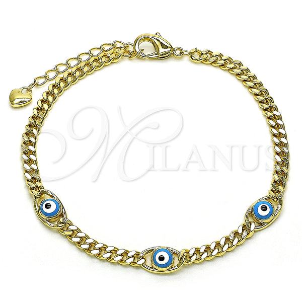 Oro Laminado Fancy Bracelet, Gold Filled Style Evil Eye Design, Azul claro Enamel Finish, Golden Finish, 03.213.0152.1.07 (04 MM Thickness, 7 Inches Length)