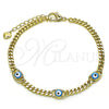 Oro Laminado Fancy Bracelet, Gold Filled Style Evil Eye Design, Azul claro Enamel Finish, Golden Finish, 03.213.0152.1.07 (04 MM Thickness, 7 Inches Length)