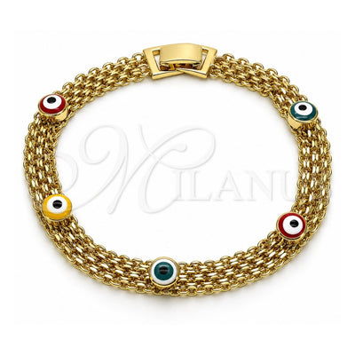 Oro Laminado Fancy Bracelet, Gold Filled Style Evil Eye and Bismark Design, Multicolor Enamel Finish, Golden Finish, 03.213.0157.08 (08 MM Thickness, 8 Inches Length)