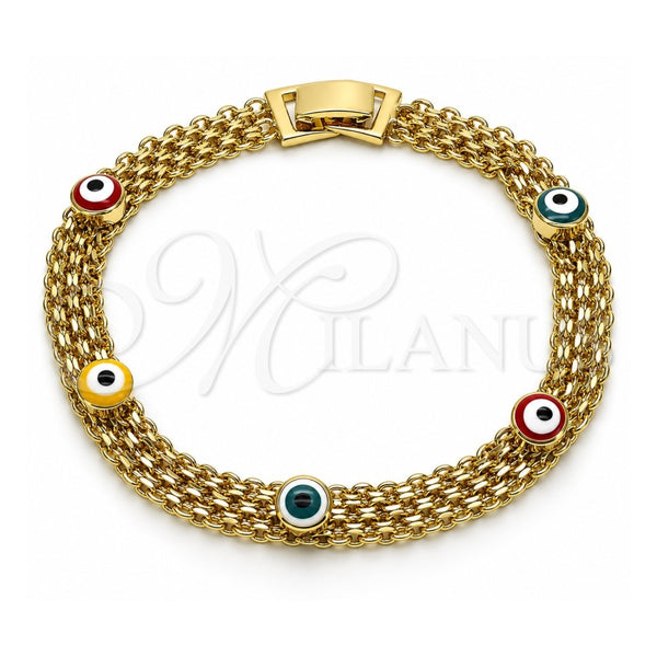 Oro Laminado Fancy Bracelet, Gold Filled Style Evil Eye and Bismark Design, Multicolor Enamel Finish, Golden Finish, 03.213.0157.08 (08 MM Thickness, 8 Inches Length)