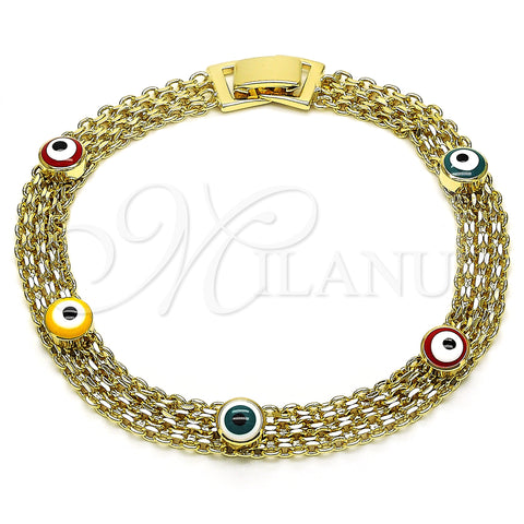 Oro Laminado Fancy Bracelet, Gold Filled Style Evil Eye and Bismark Design, Multicolor Enamel Finish, Golden Finish, 03.213.0157.08 (08 MM Thickness, 8 Inches Length)