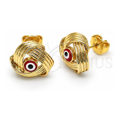 Oro Laminado Stud Earring, Gold Filled Style Evil Eye Design, Red Enamel Finish, Golden Finish, 02.213.0423