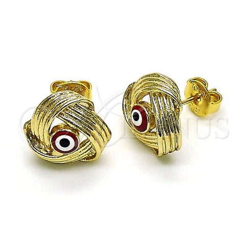 Oro Laminado Stud Earring, Gold Filled Style Evil Eye Design, Red Enamel Finish, Golden Finish, 02.213.0423